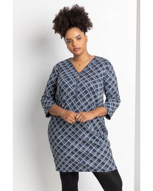 Roman Curve Check Print Zip Shift Dress - Blue
