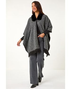Roman Faux Fur Fringe Hem Poncho - Black