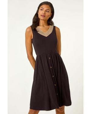 Roman Contrast V-Neck Stretch Dress - Black