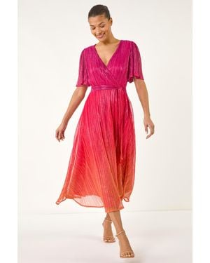Roman Ombre Plisse Midi Wrap Dress - Red