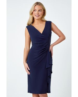 Roman Petite Ruched Waterfall Stretch Bodycon Dress - Blue