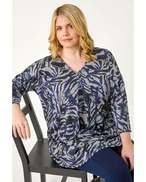 Roman Curve Animal Print Pleat Front Top - Blue