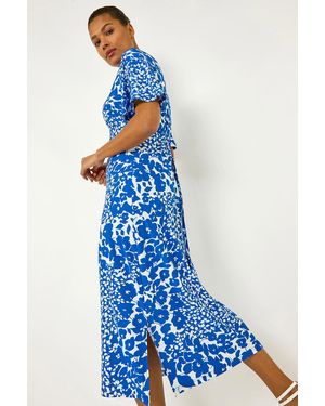 Roman Floral Print V-Neck Stretch Midi Dress - Blue