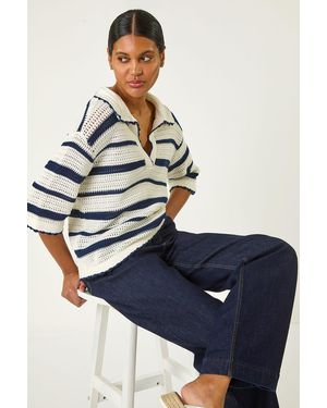 Roman Collared V-Neck Stripe Knit - Blue