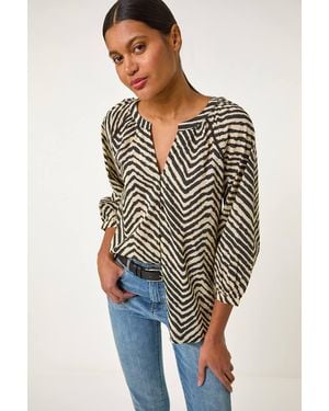 Roman Linear Print V-Neck Blouse - Black