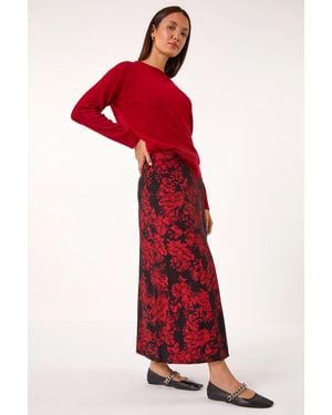 Roman Rose Print A-Line Midi Skirt - Red