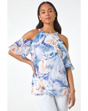 Roman Petite Floral Print Cold Shoulder Top - Blue