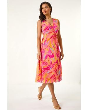 Roman Floral Midi Wrap Dress - Red