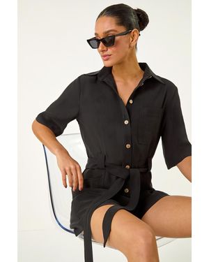 D.u.s.k Button Through Belted Pocket Playsuit - Black