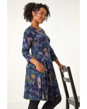 Roman Petite Floral Print A-Line Stretch Dress - Blue