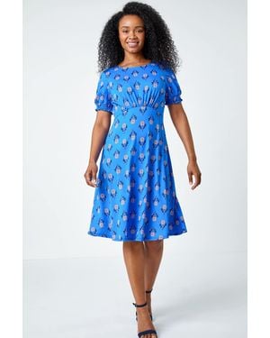 Roman Petite Floral Empire Stretch Dress - Blue