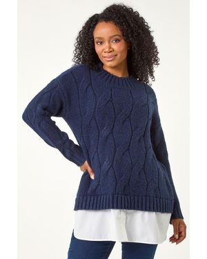 Roman Petite Cable Knit Mock Shirt Jumper - Blue