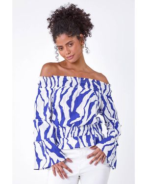 D.u.s.k Animal Print Textured Bardot Top - Blue