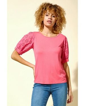 Roman Broderie Puff Sleeve T-Shirt - Pink