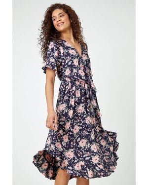 Roman Floral Print Frill Front Midi Dress - White