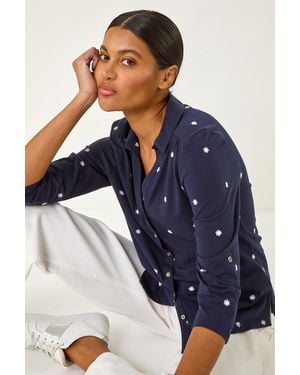 Roman Embroidered V-Neck Cotton Shirt - Blue