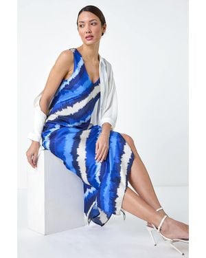 Roman Stripe Print Satin Bodycon Midi Slip Dress - Blue