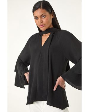 Roman Frilled Sleeve Tie Front Top - Black
