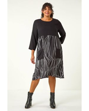 Roman Curve Abstract Print Pocket Smock Dress - Black