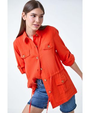 Roman 3/4 Sleeve Textured Tie Waist Shirt Jacket