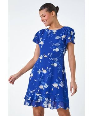 Lilly-and-Hope Floral Print Frill Detailed Skater Dress - Blue