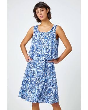 Roman Sleeveless Paisley Print Overlay Dress - Blue
