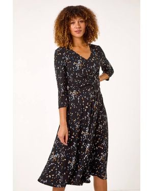 Roman Confetti Print Twist Midi Dress - Black