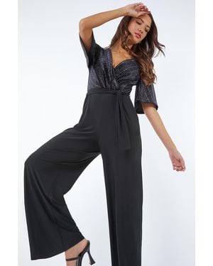 Roman Glitter Velvet Wrap Stretch Jumpsuit - Black