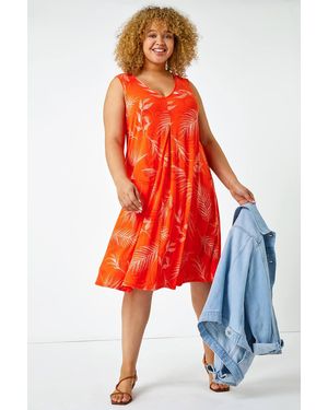 Roman Curve Sleeveless Tropical Swing Dress - Red