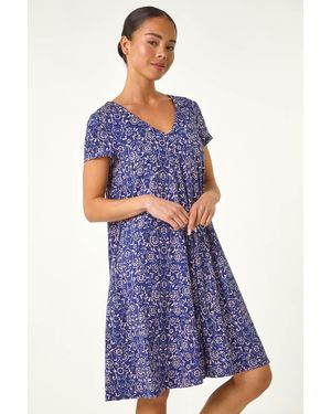 Roman Petite Stretch V-Neck Swing Pocket Dress - Blue