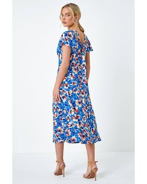 Roman Petite Floral Print Midi Stretch Dress - Blue