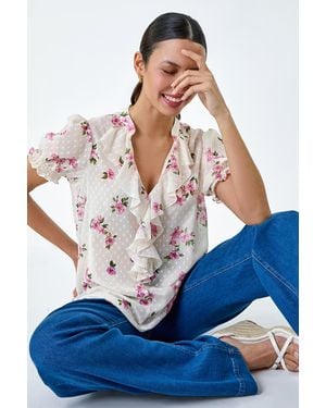 Roman Textured Spot Floral Print V-Neck Frill Top - Blue