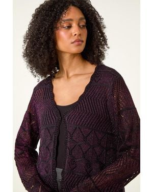 Roman Shimmer Crew Neck Knit Cardigan - Purple