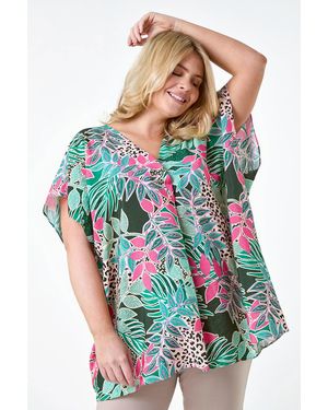 Roman Curve Tropical Print Pleat Front Top - Green