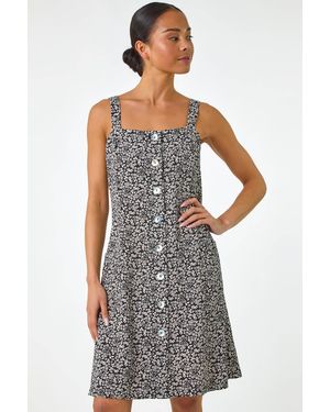Roman Petite Floral Ditsy Button Dress - Grey