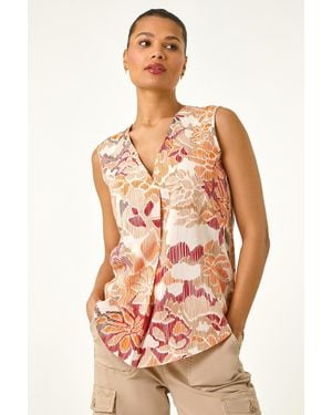 Roman Floral Print V-Neck Vest Top - Orange