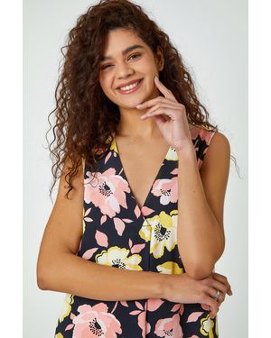 Roman Sleeveless V-Neck Floral Pleat Front Top - Yellow