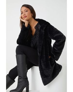 Roman Faux Fur Hooded Longline Coat - Black