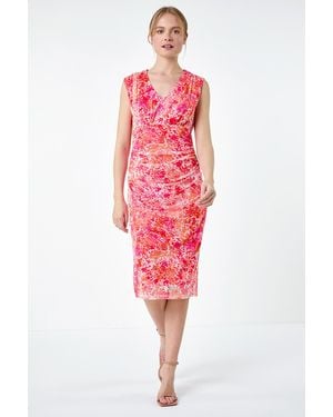 Roman Abstract Spot Ruched Mesh Stretch Dress - Red