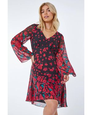 D.u.s.k Rose Border Print Chiffon Dress - Red