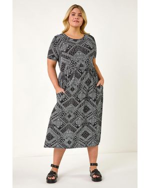 Roman Curve Paisley Print Stretch Midi Dress - Black