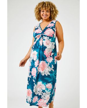 Roman Curve Floral Print Twist Ruched Midi Dress - Blue