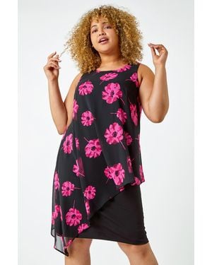 Roman Curve Sleeveless Floral Chiffon Overlay Dress - Purple