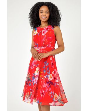 Roman Petite Floral Print Buckle Detail Dress - Red