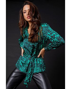 Roman Animal Print Satin Tunic Shirt - Blue