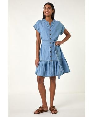 Roman Denim Tiered Shirt Dress - Blue