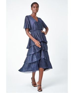 Roman Shimmer Chiffon Tiered Midi Dress - Blue
