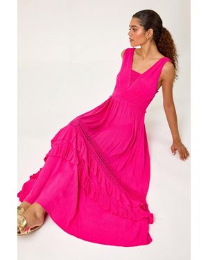 Roman Lace Detail Shirred Frill Maxi Dress - Pink