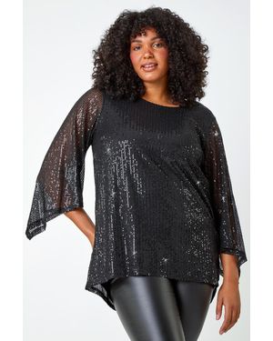 Roman Curve Sheer Sleeve Sequin Top - Black