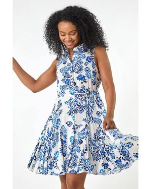 Roman Petite Floral Print Tie Waist Dress - Blue